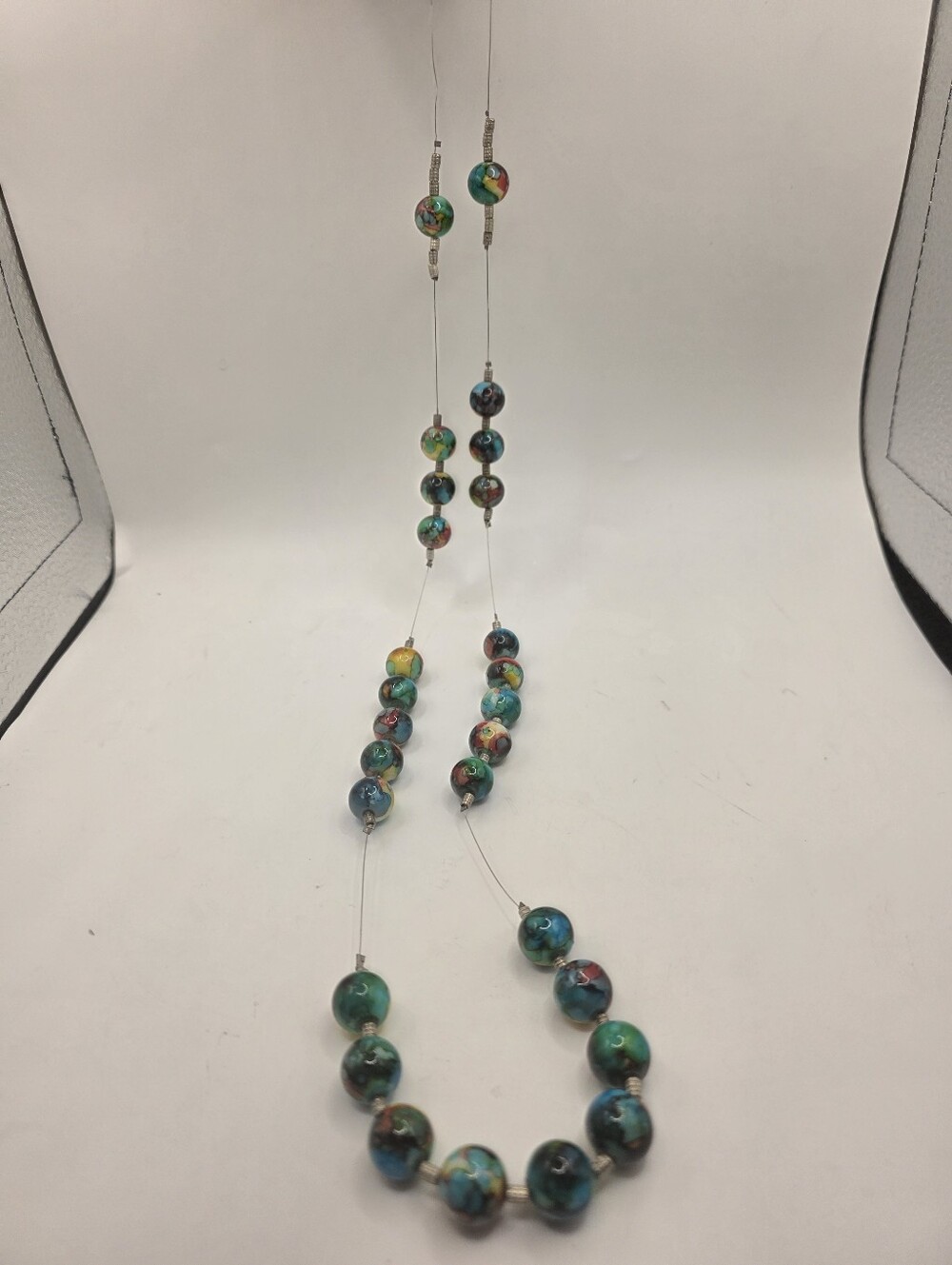Vintage Murano Style Art Glass Beaded Necklace Floating Wire Strand Multicolor